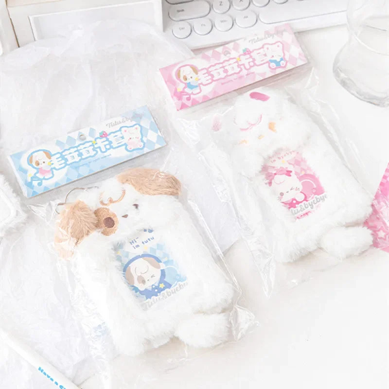 Porta tarjetas con foto de peluche de cachorro y gatito