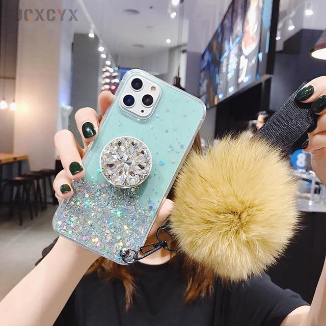 Coque de téléphone à paillettes avec support et pouf rose