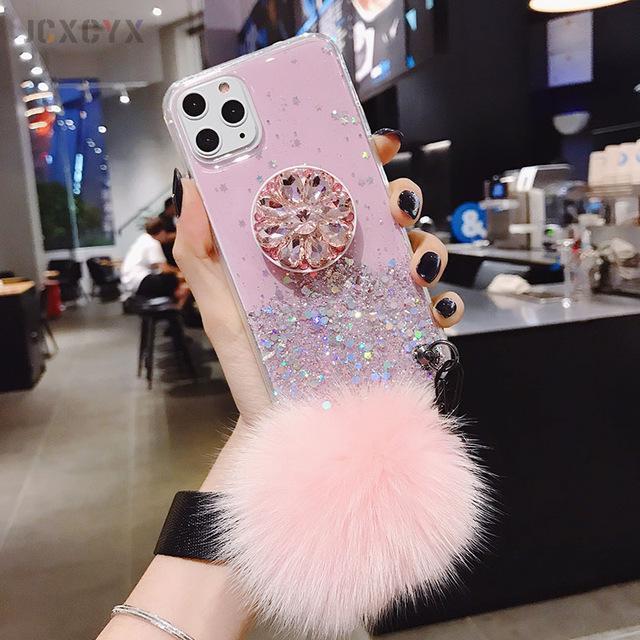 Coque de téléphone à paillettes avec support et pouf rose