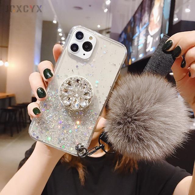 Coque de téléphone à paillettes avec support et pouf rose