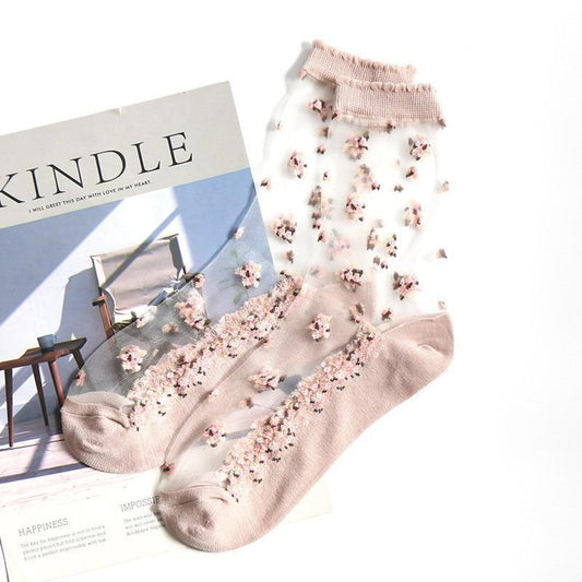 Calcetines transparentes con estampado de flores de seda