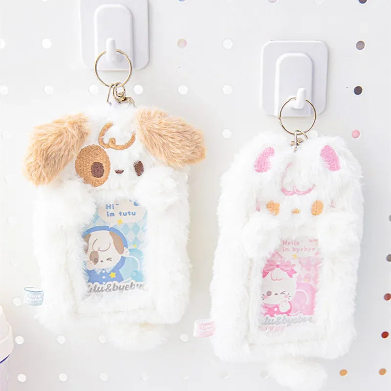 Porta tarjetas con foto de peluche de cachorro y gatito