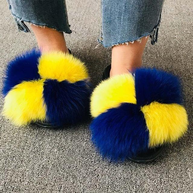 Rainbow Faux Fur Fluffy Slides