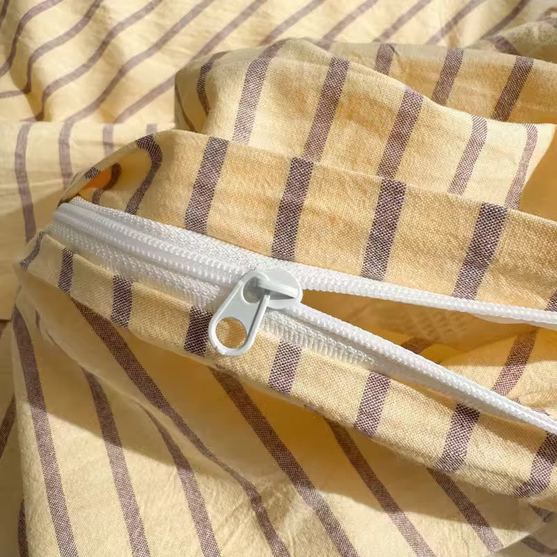 Yellow & Brown Striped Cotton Bedding Set