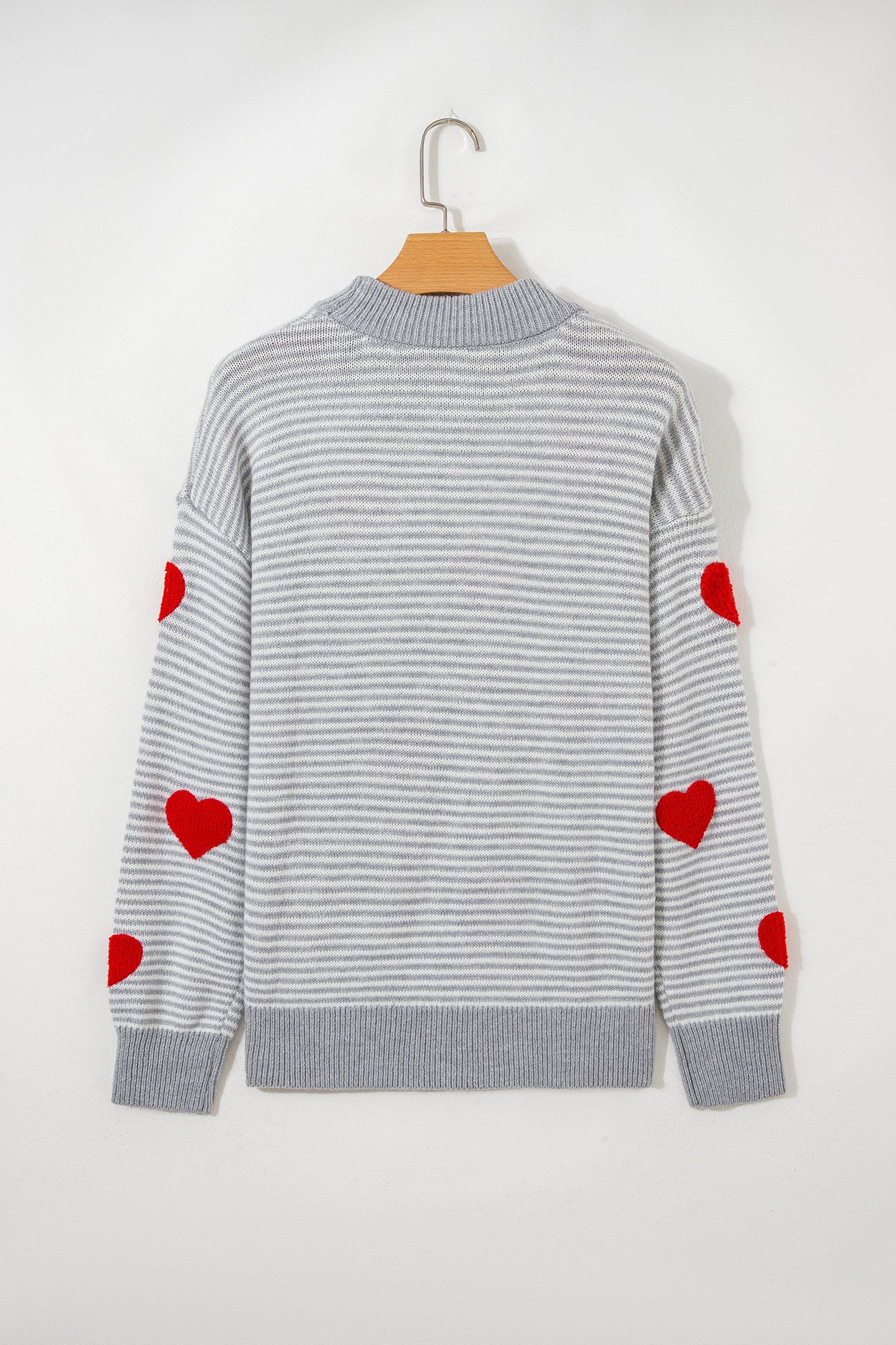 Gray Stripe Contrast Heart Pattern Knit Sweater