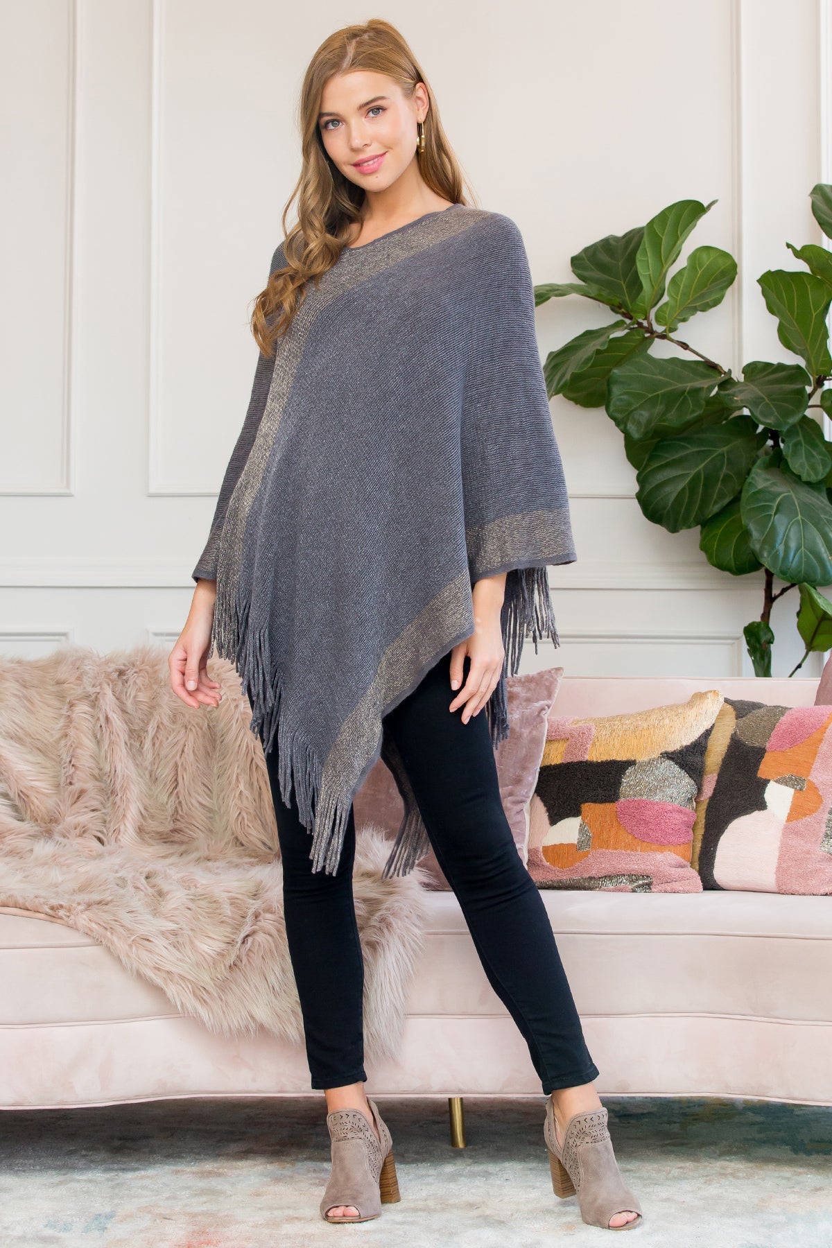 Ultra Soft Two Tone Fringe Poncho