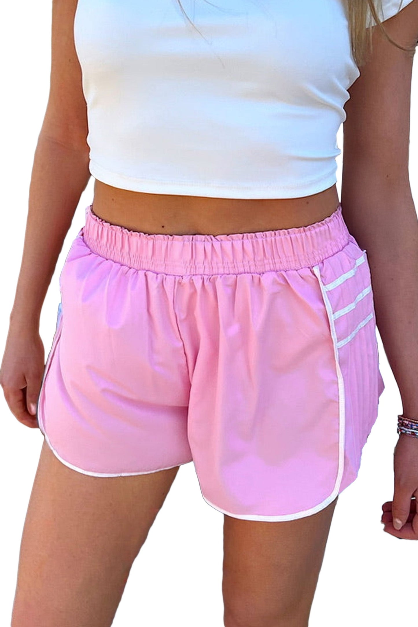 Pink Contrast Trim Pleated Active Shorts