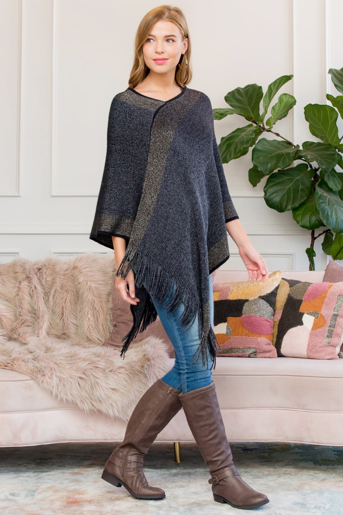 Ultra Soft Two Tone Fringe Poncho