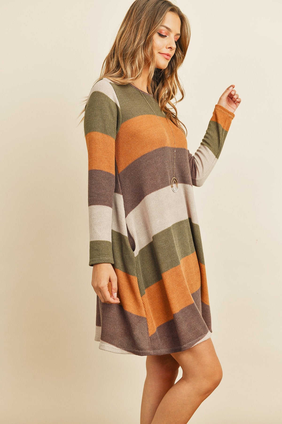 Long Sleeved Rib Stripe Pocket Dress