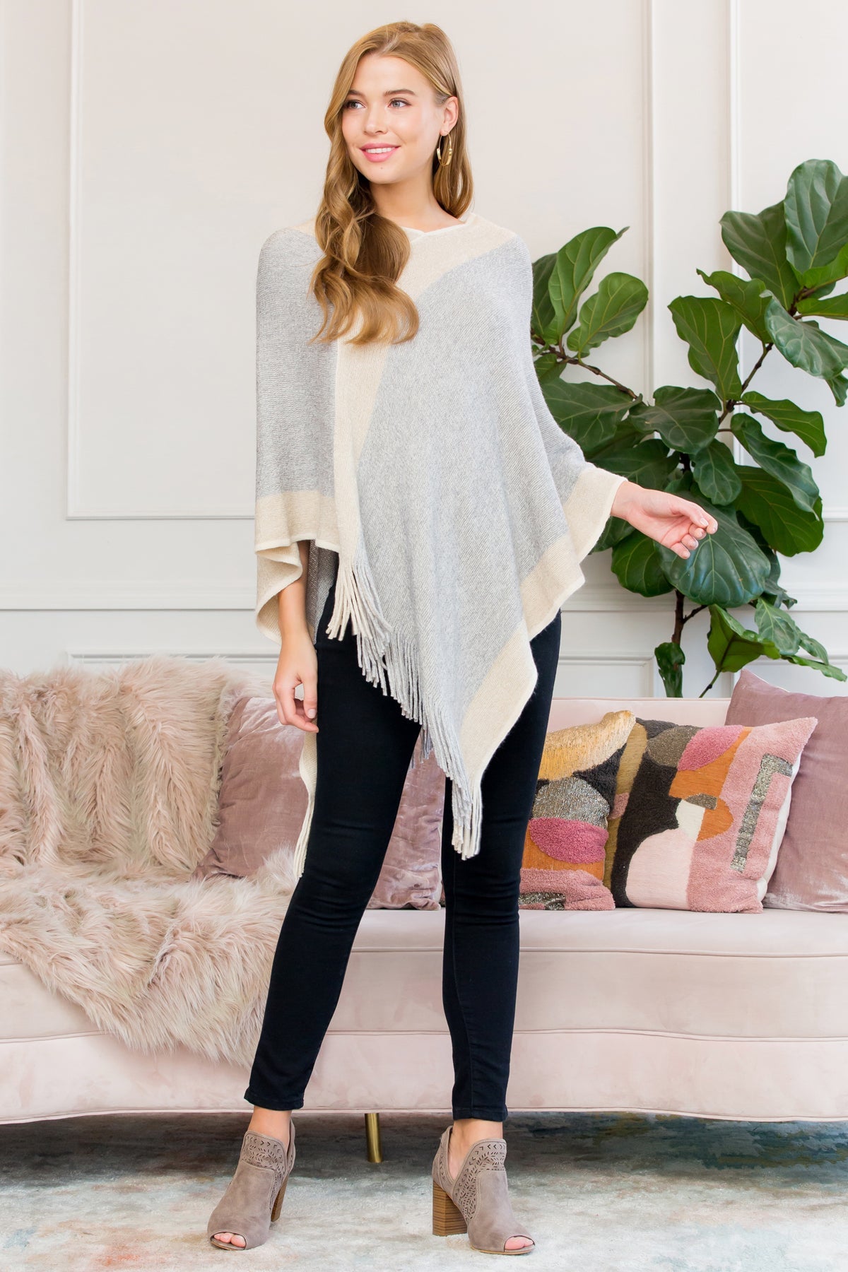 Ultra Soft Two Tone Fringe Poncho