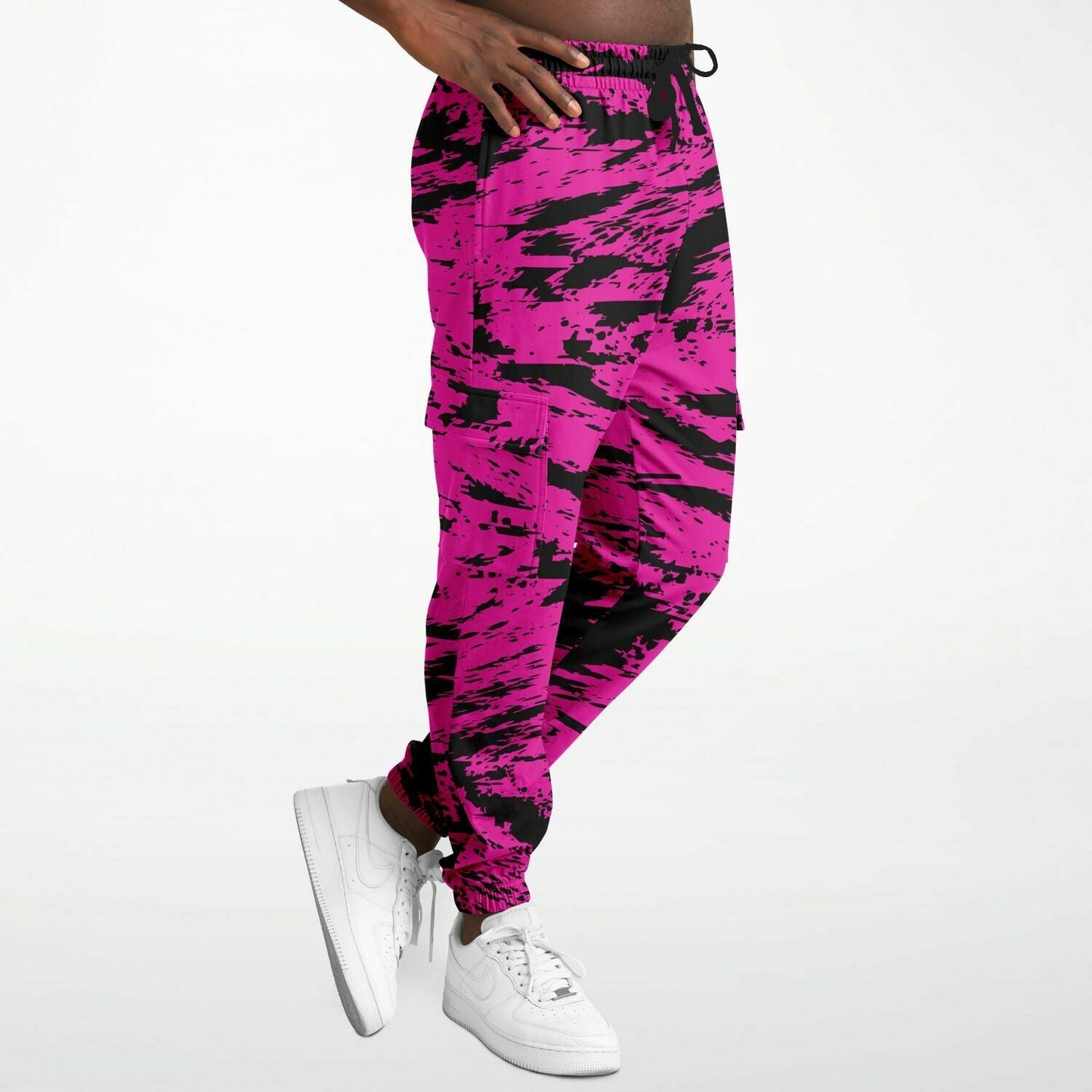 Pink and Black Rave Glitch Splatter Unisex Cargo Joggers (Fleece Lined)