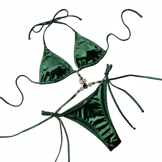 Satin Rhinestone Halter Bikini Set