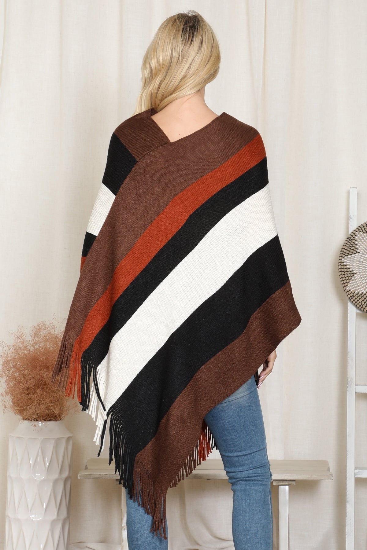 Color Block Fringe Poncho