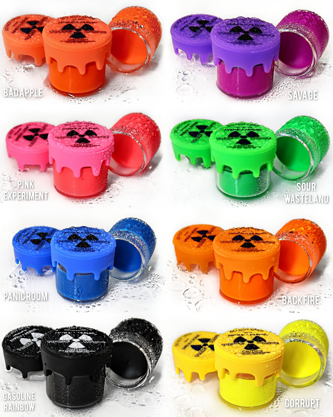 Colorful containers with radioactive symbol lids on a white background