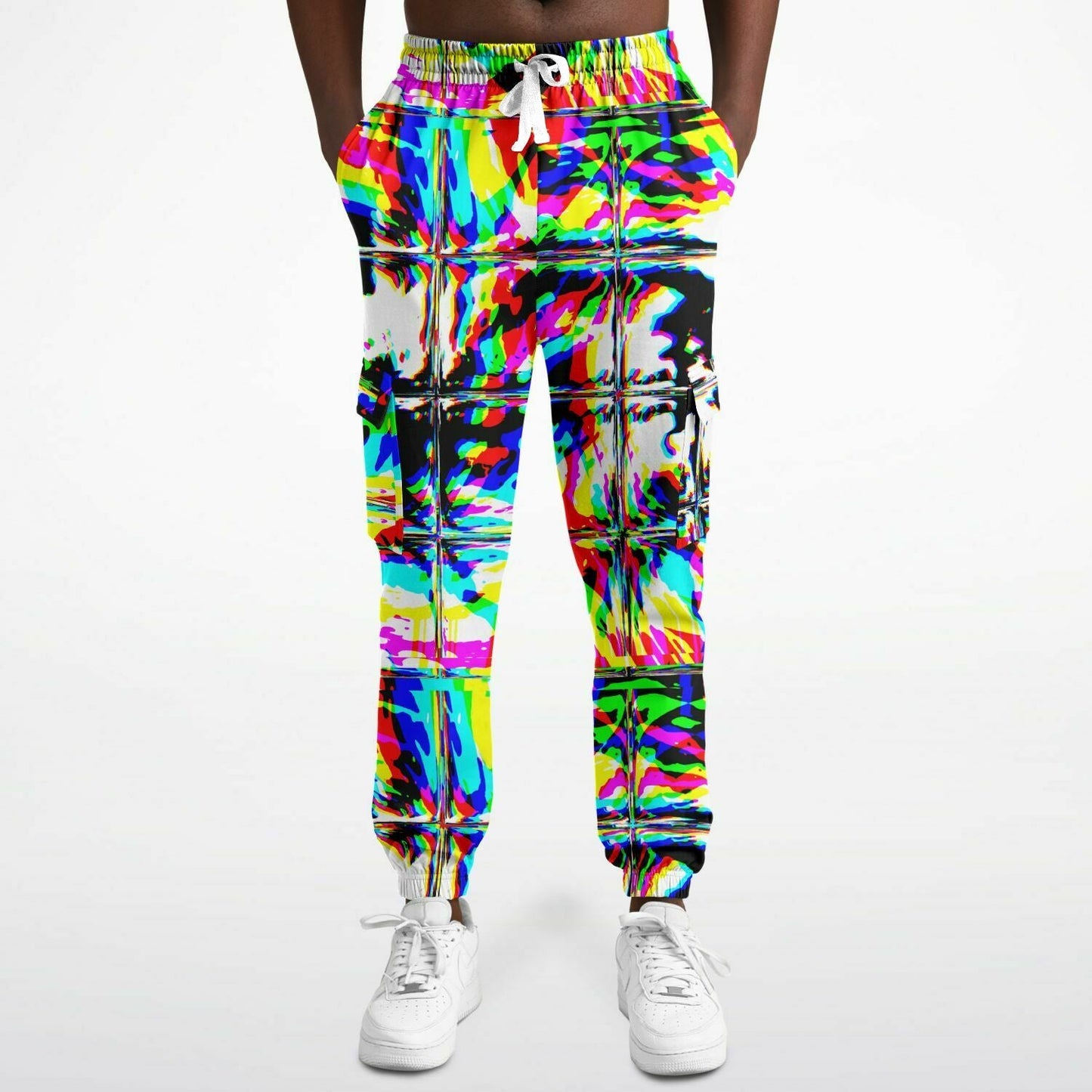 Psychedelic Rave Glitch Tiles Rainbow Plaid Unisex Cargo Joggers (Fleece Lined)