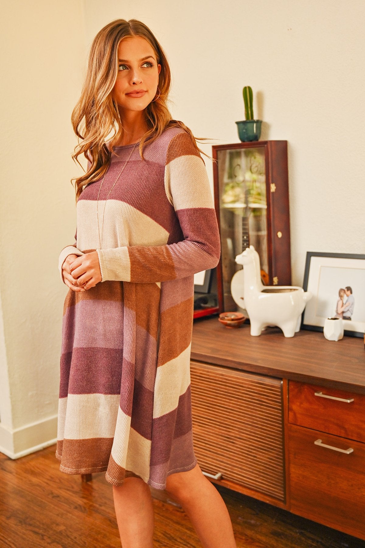 Long Sleeved Rib Stripe Pocket Dress