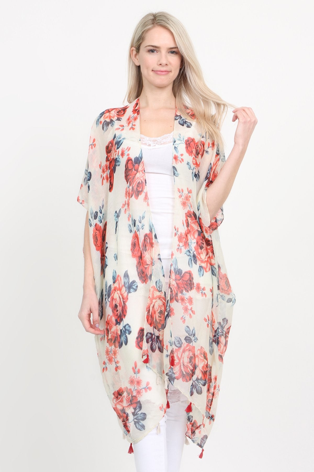 Open Front Knee Length Floral Cardigan