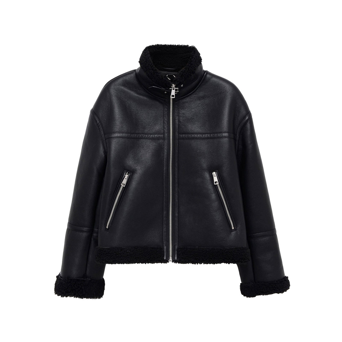 SoHo Black Faux Leather Shearling Aviator Biker Jacket