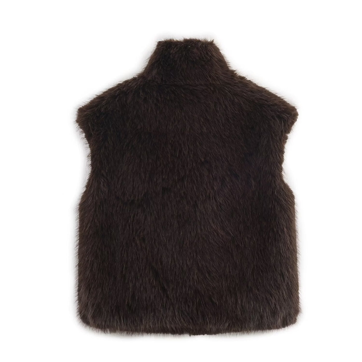 High-Neck Plush Faux Fur Vest in Espresso Brown
