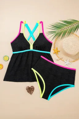 Neon Trim Textured Tankini Set