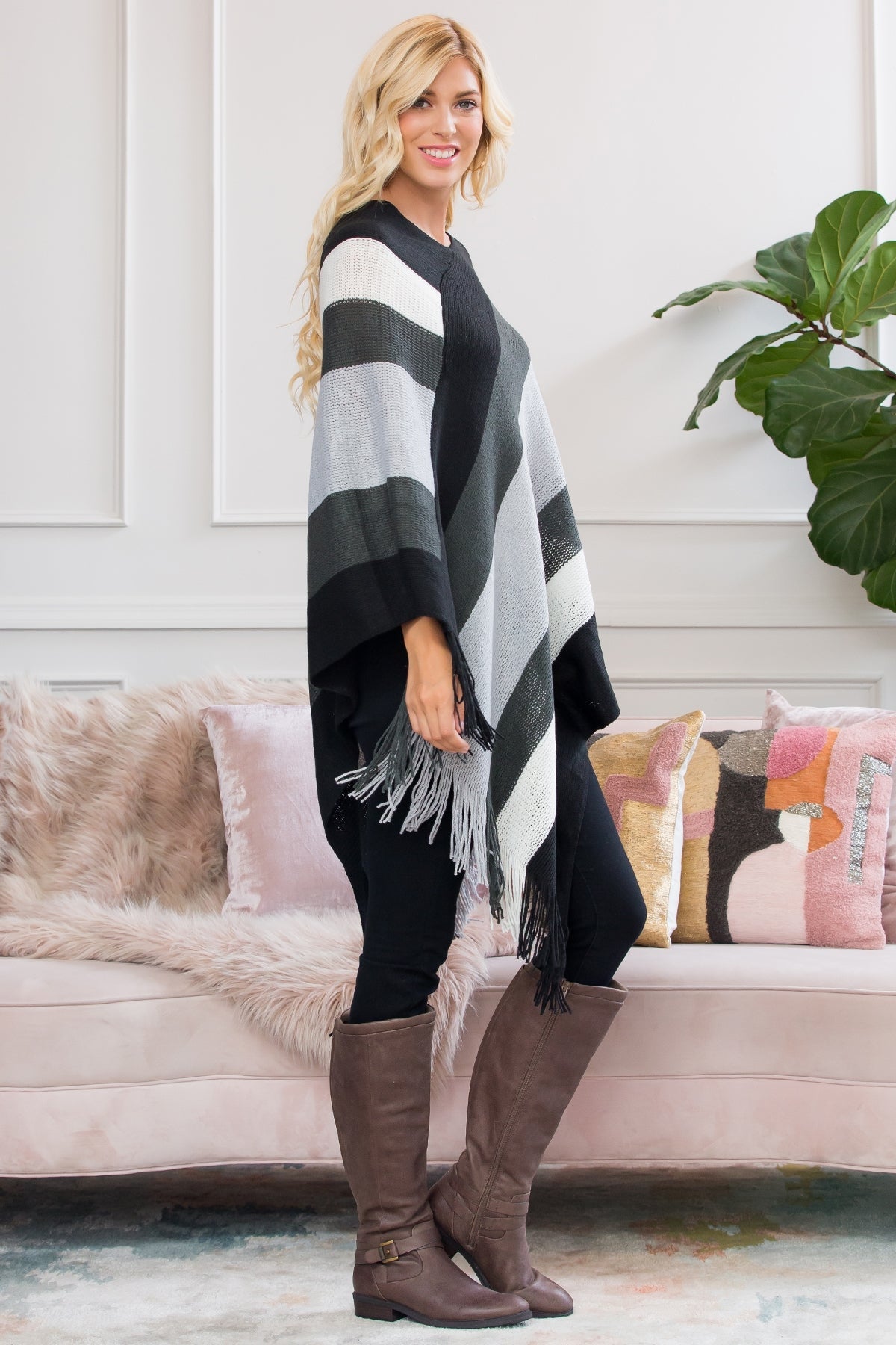 Color Block Fringe Poncho