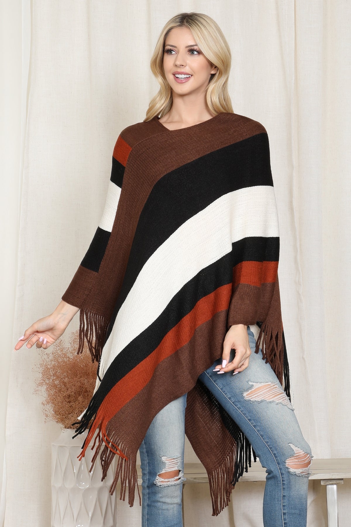 Color Block Fringe Poncho