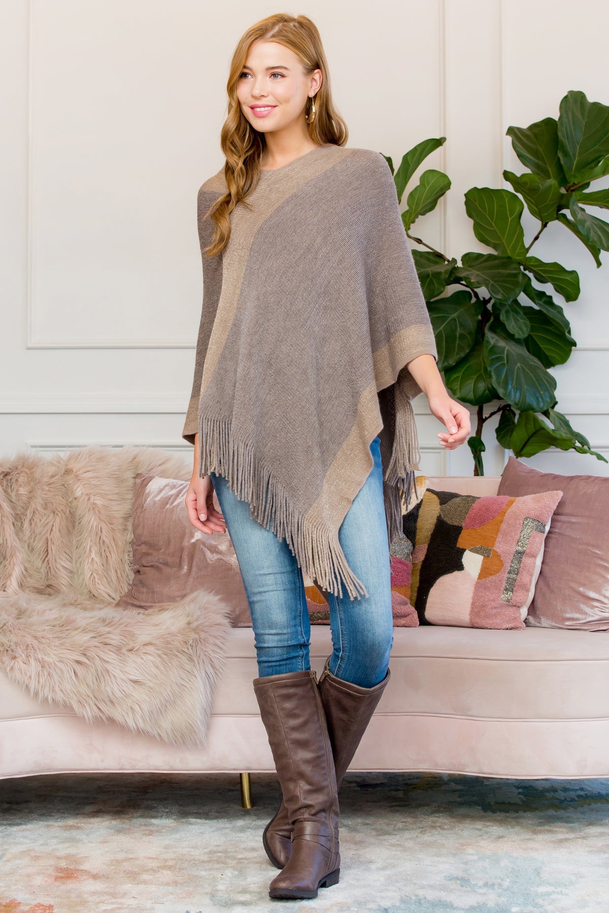 Ultra Soft Two Tone Fringe Poncho