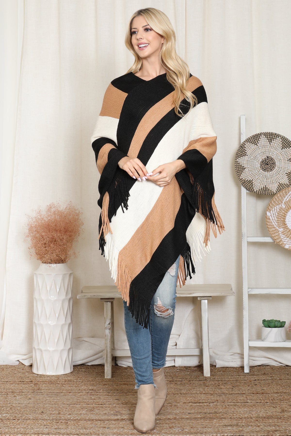 Color Block Fringe Poncho