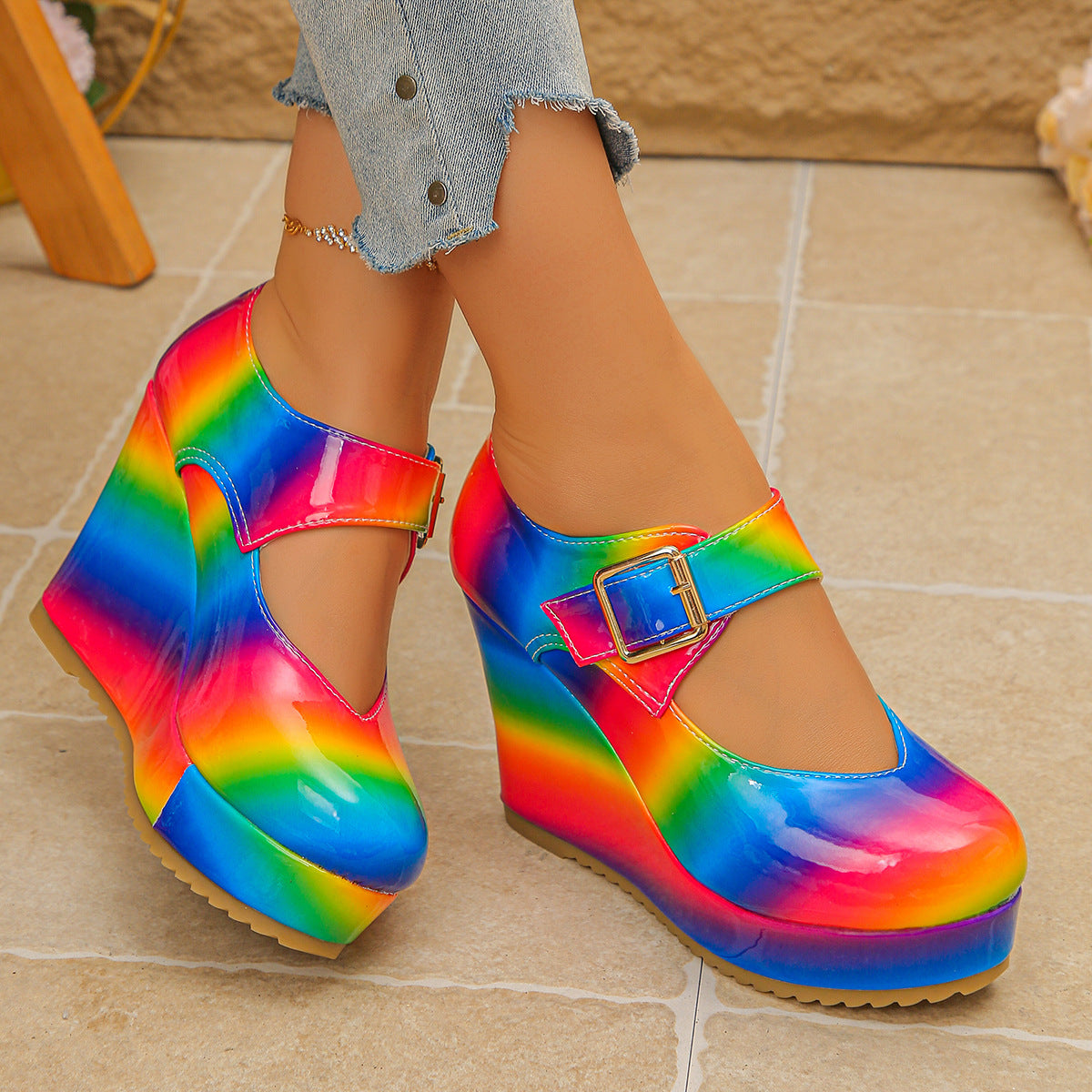 Rainbow Wedge Mary Jane Platform Shoes