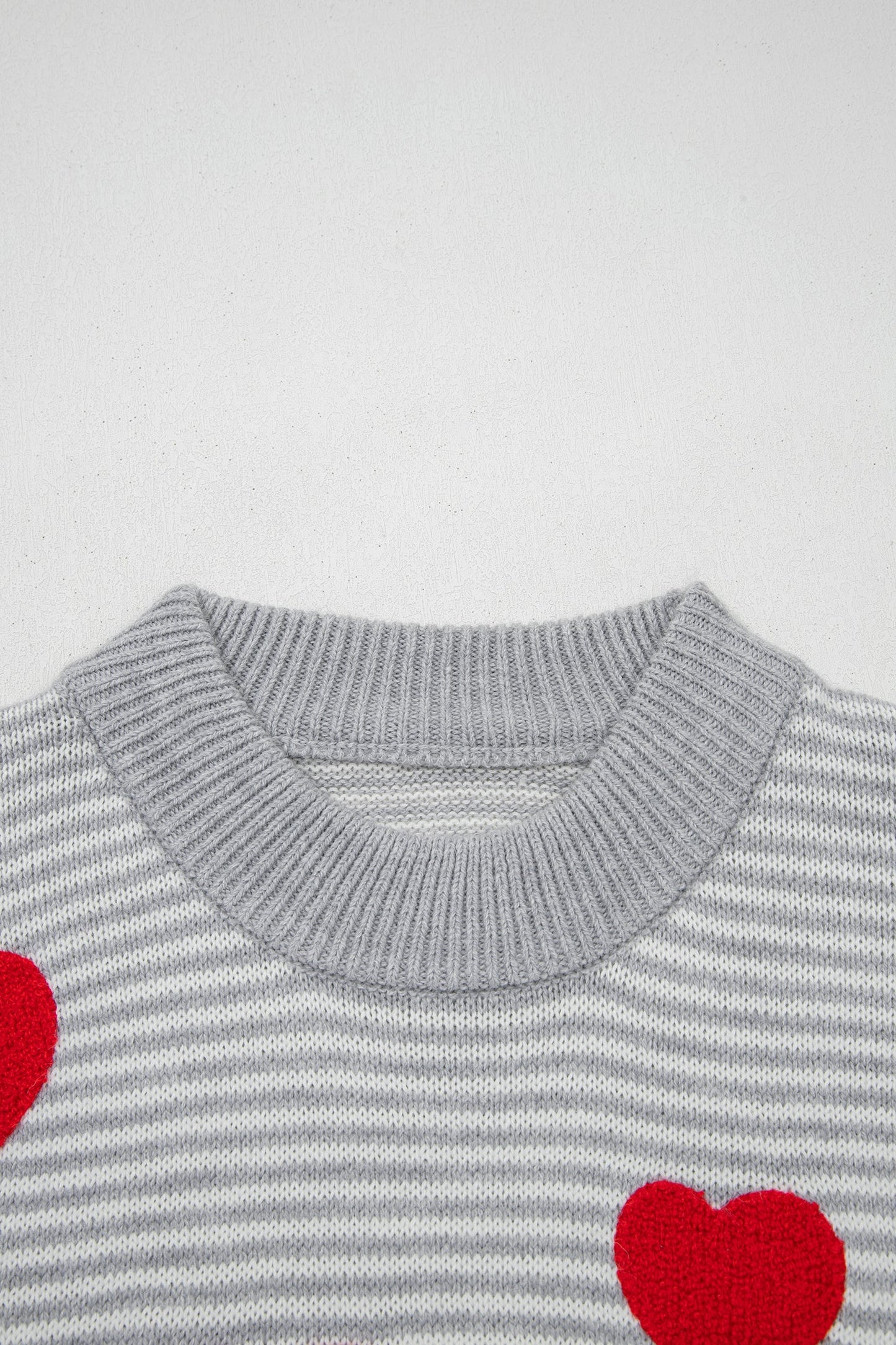 Gray Stripe Contrast Heart Pattern Knit Sweater