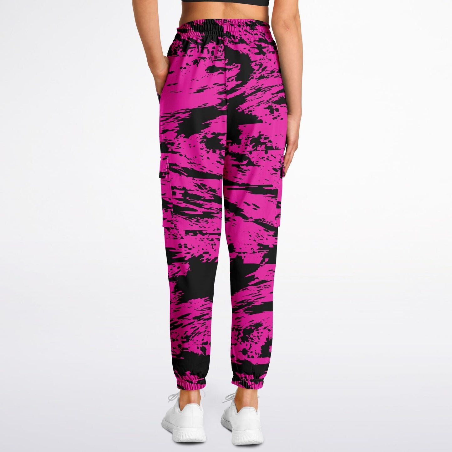 Pink and Black Rave Glitch Splatter Unisex Cargo Joggers (Fleece Lined)