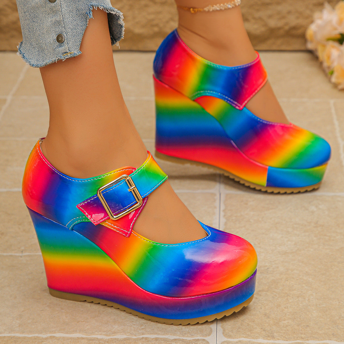 Rainbow Wedge Mary Jane Platform Shoes