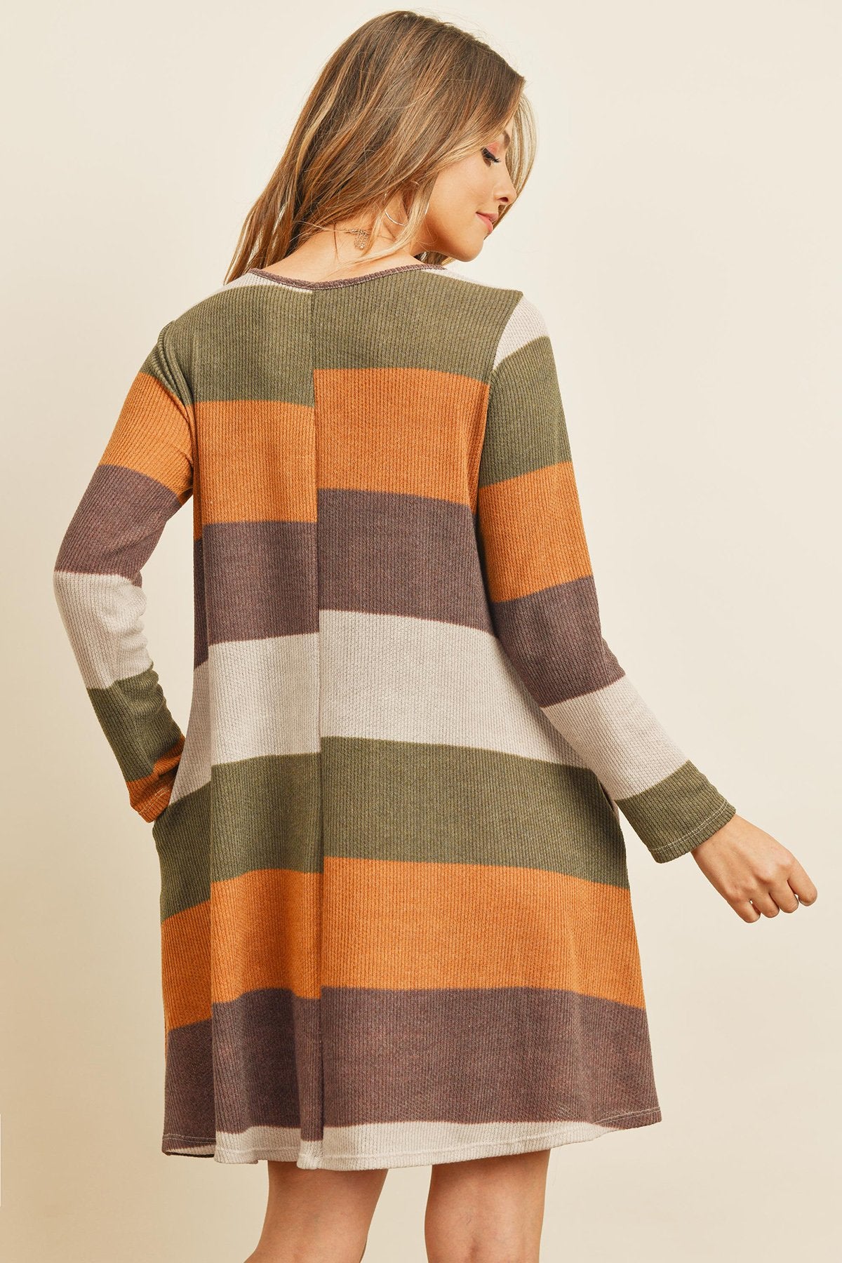 Long Sleeved Rib Stripe Pocket Dress