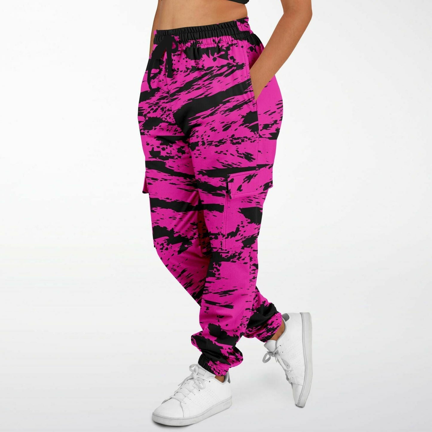 Pink and Black Rave Glitch Splatter Unisex Cargo Joggers (Fleece Lined)