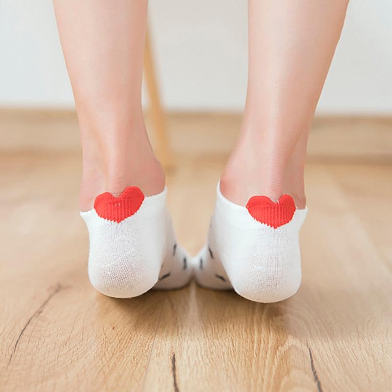 Kawaii Heart & Cat 5-Pair No-Show Sock Set