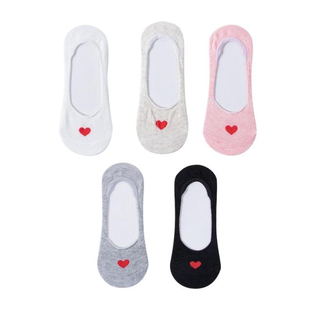 Kawaii Heart & Cat 5-Pair No-Show Sock Set