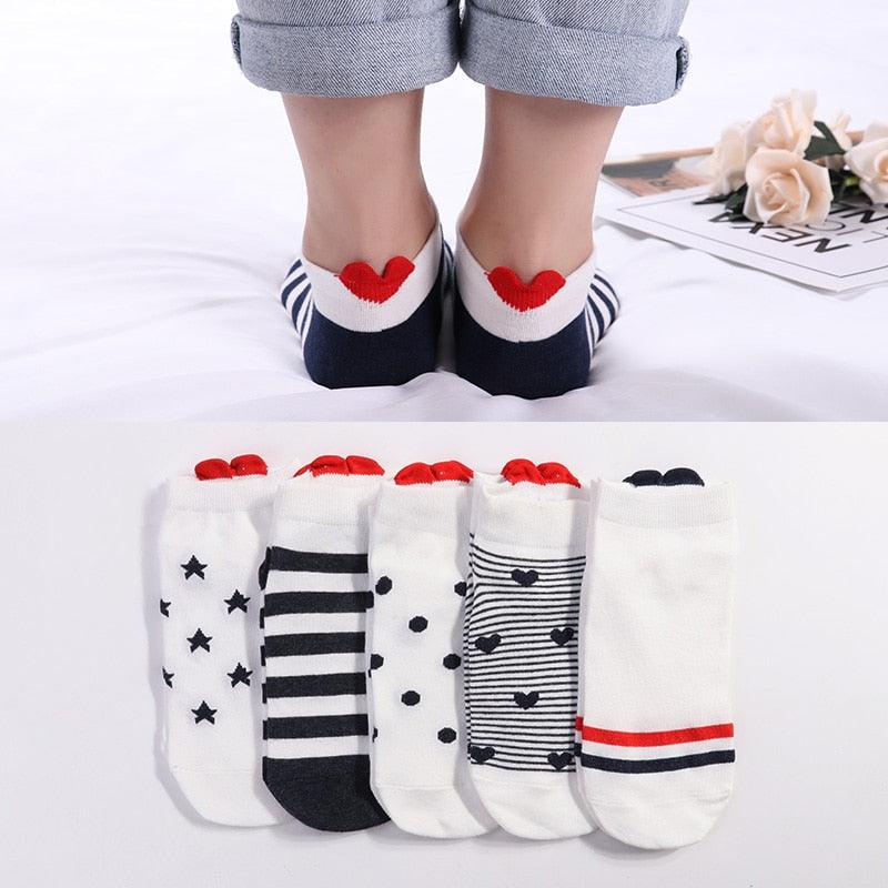 Kawaii Heart & Cat 5-Pair No-Show Sock Set