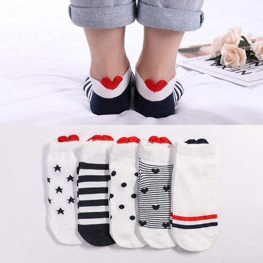 Kawaii Heart & Cat 5-Pair No-Show Sock Set