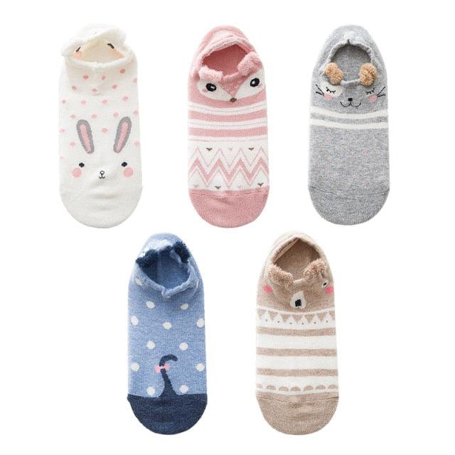 Kawaii Heart & Cat 5-Pair No-Show Sock Set