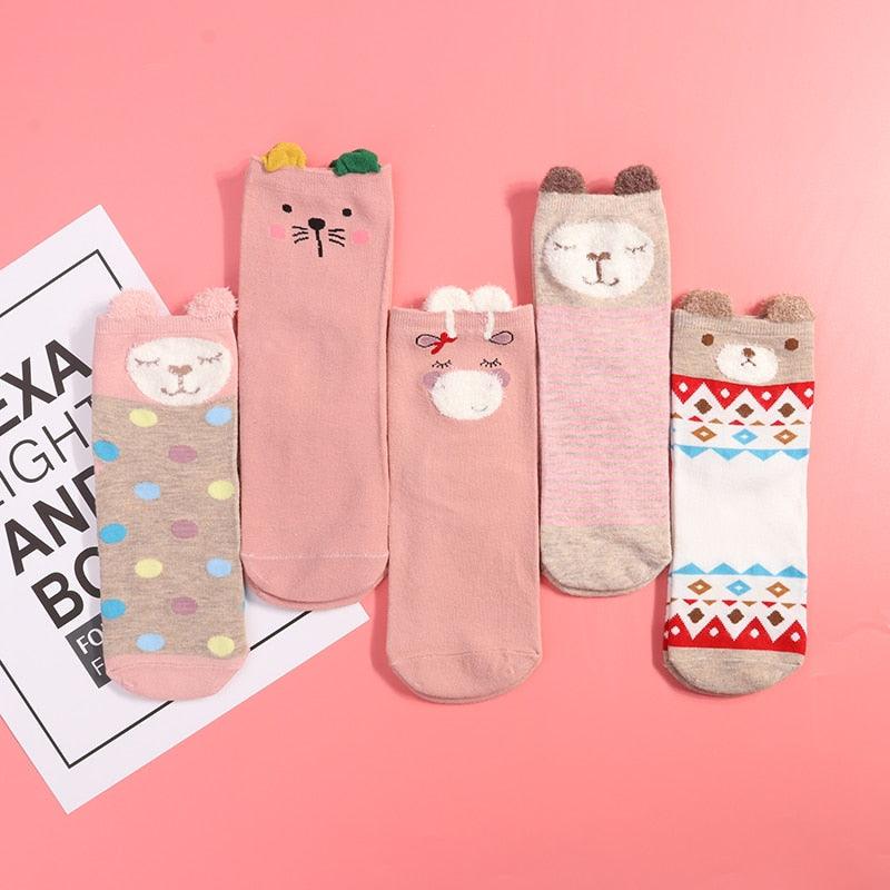 Kawaii Heart & Cat 5-Pair No-Show Sock Set
