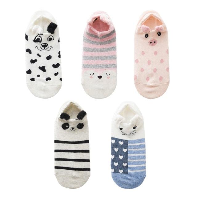 Kawaii Heart & Cat 5-Pair No-Show Sock Set