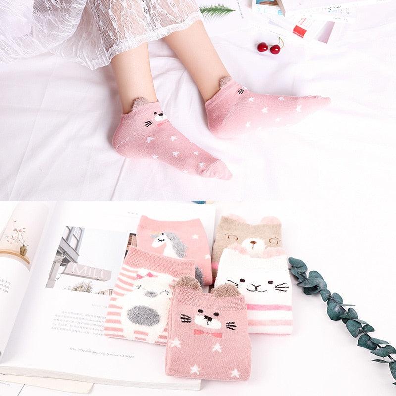 Kawaii Heart & Cat 5-Pair No-Show Sock Set
