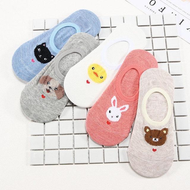 Kawaii Animal 5-Pair No-Show Sock Set