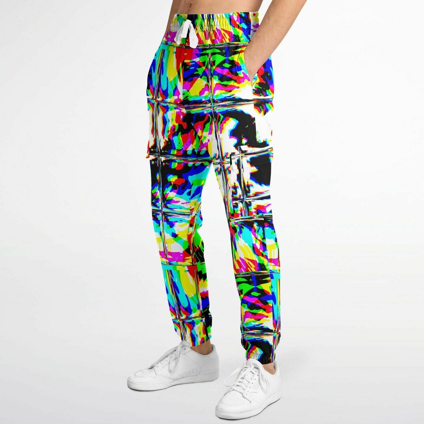 Psychedelic Rave Glitch Tiles Rainbow Plaid Unisex Cargo Joggers (Fleece Lined)