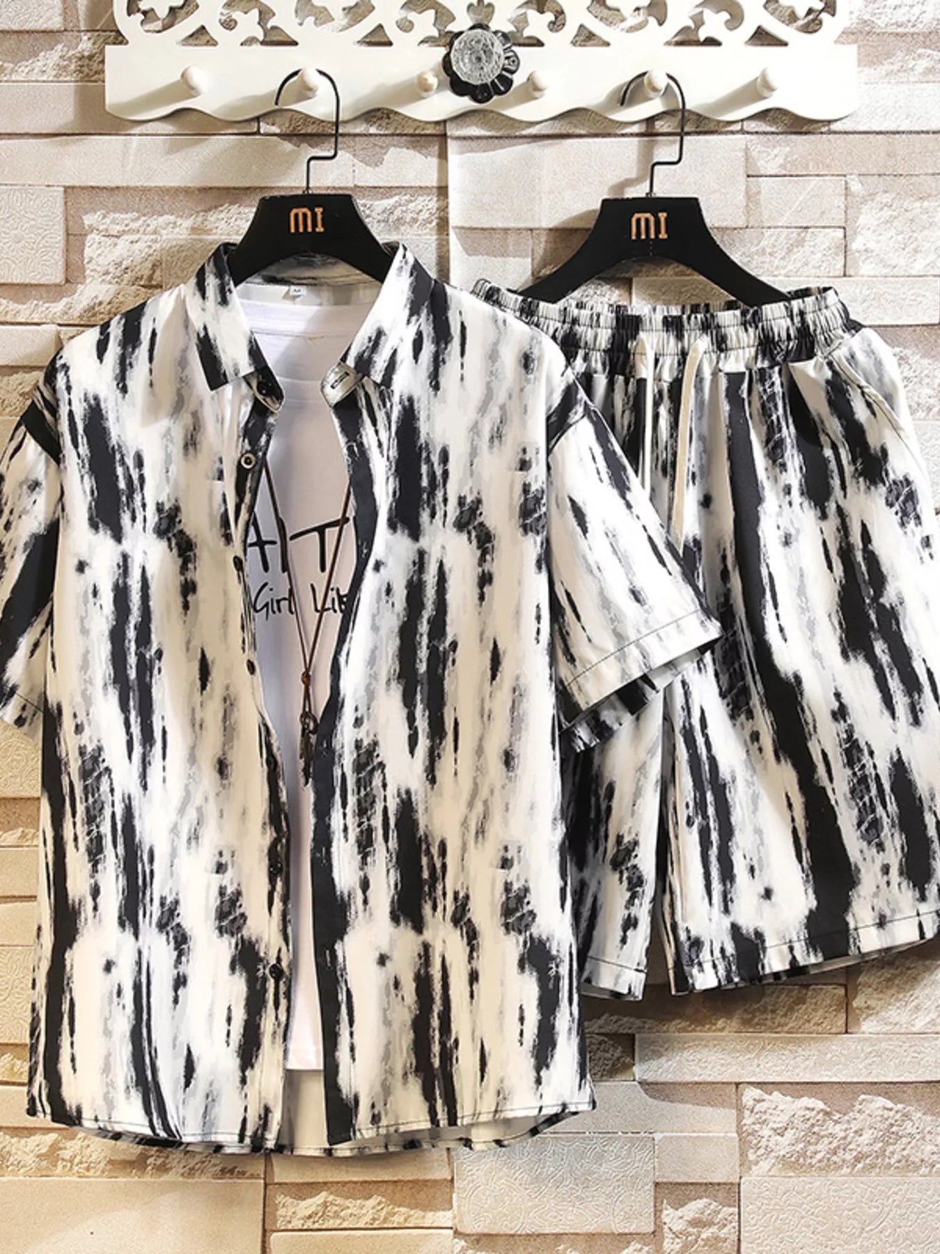 Men's Printed Button Up Shirt and Shorts Set