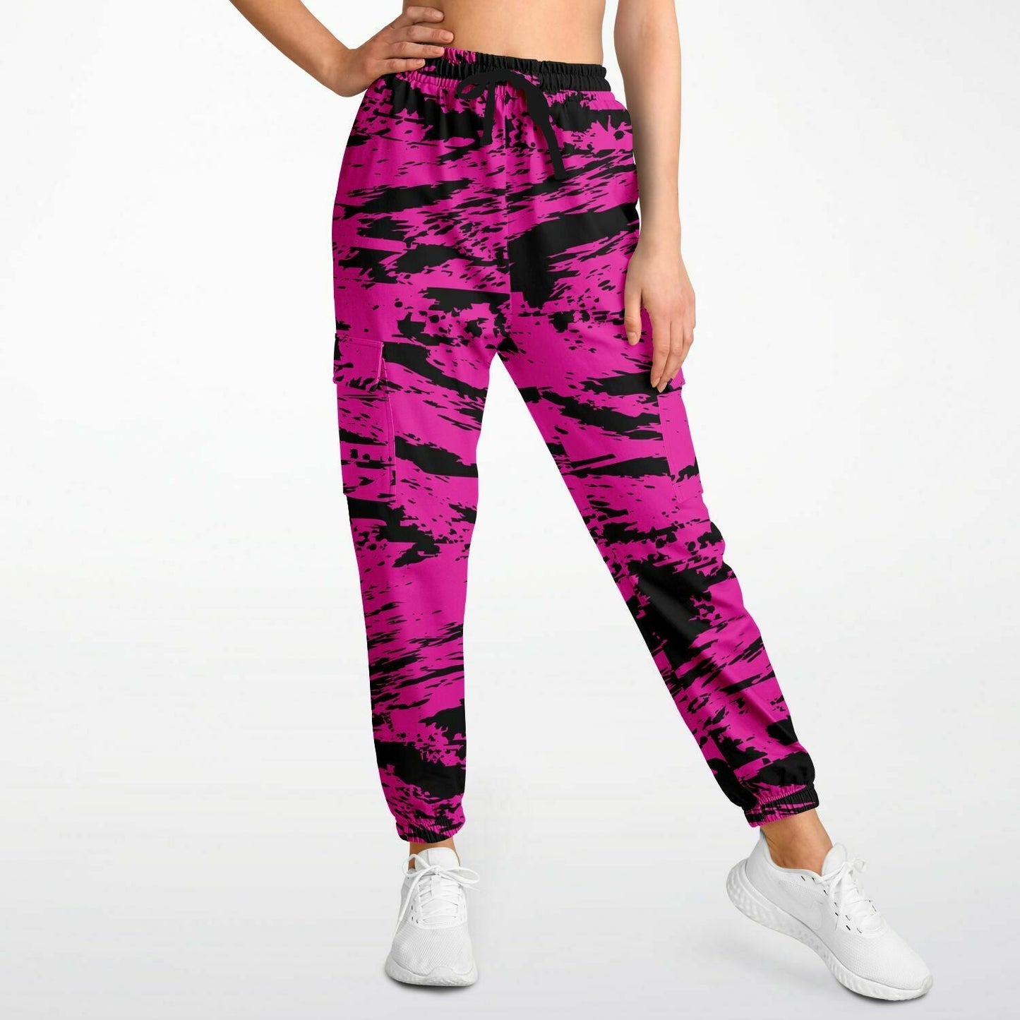 Pink and Black Rave Glitch Splatter Unisex Cargo Joggers (Fleece Lined)