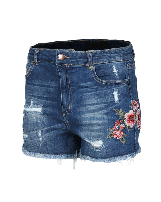 Mid Rise Distressed Floral Denim Shorts