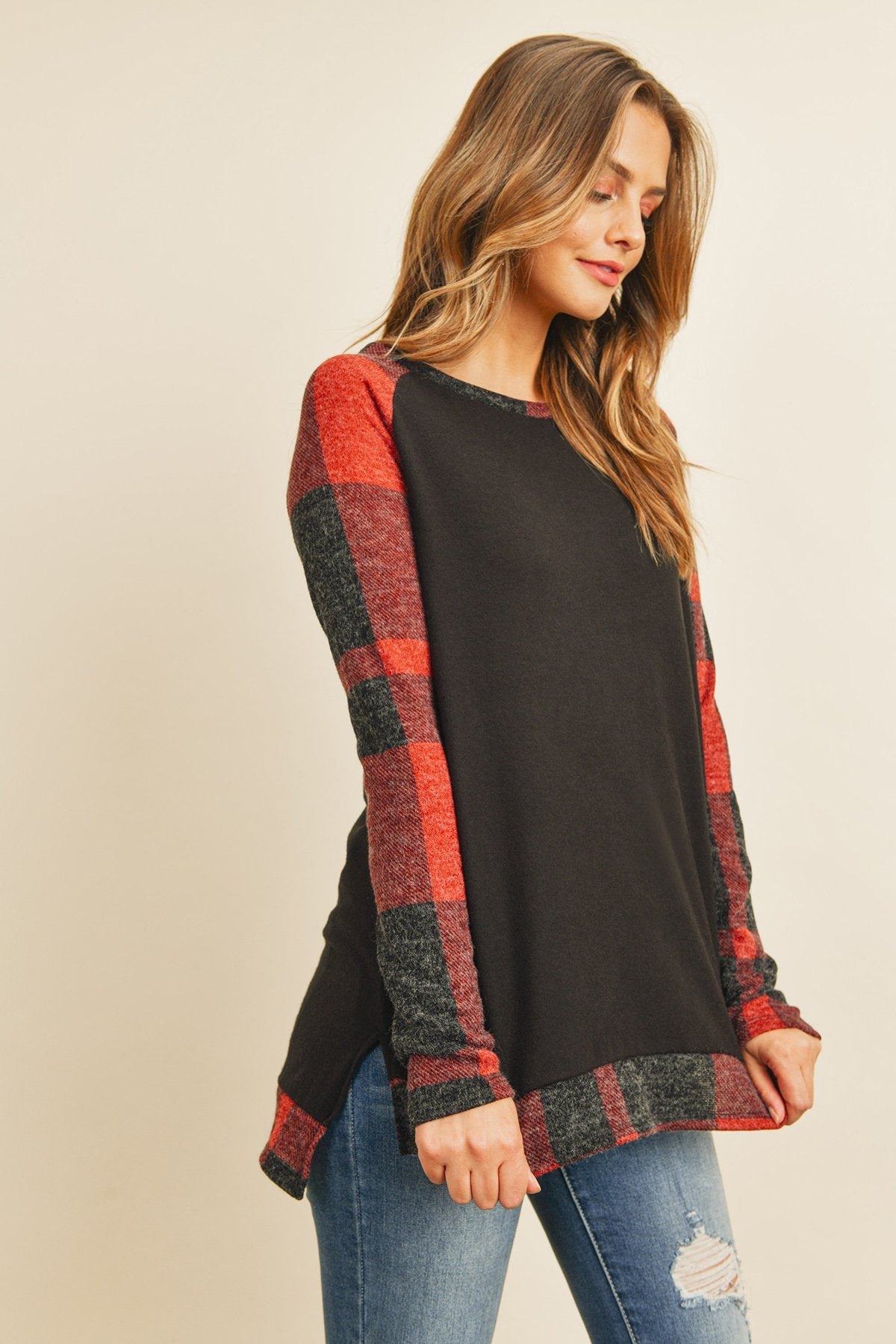 Brush Hacci Plaid Contrast Long Back Hem Top