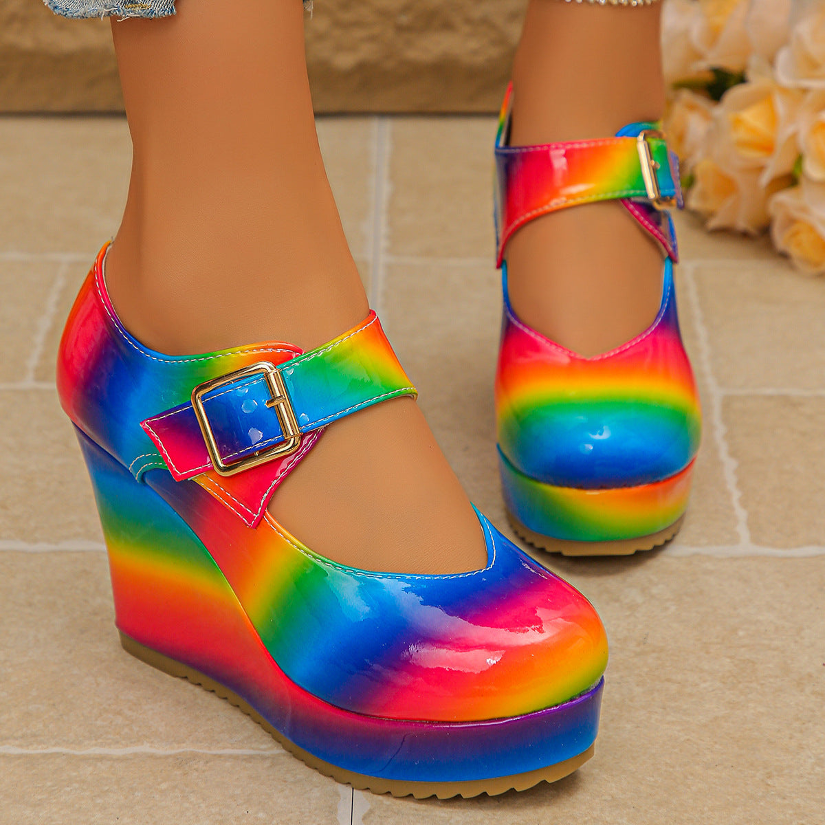 Rainbow Wedge Mary Jane Platform Shoes