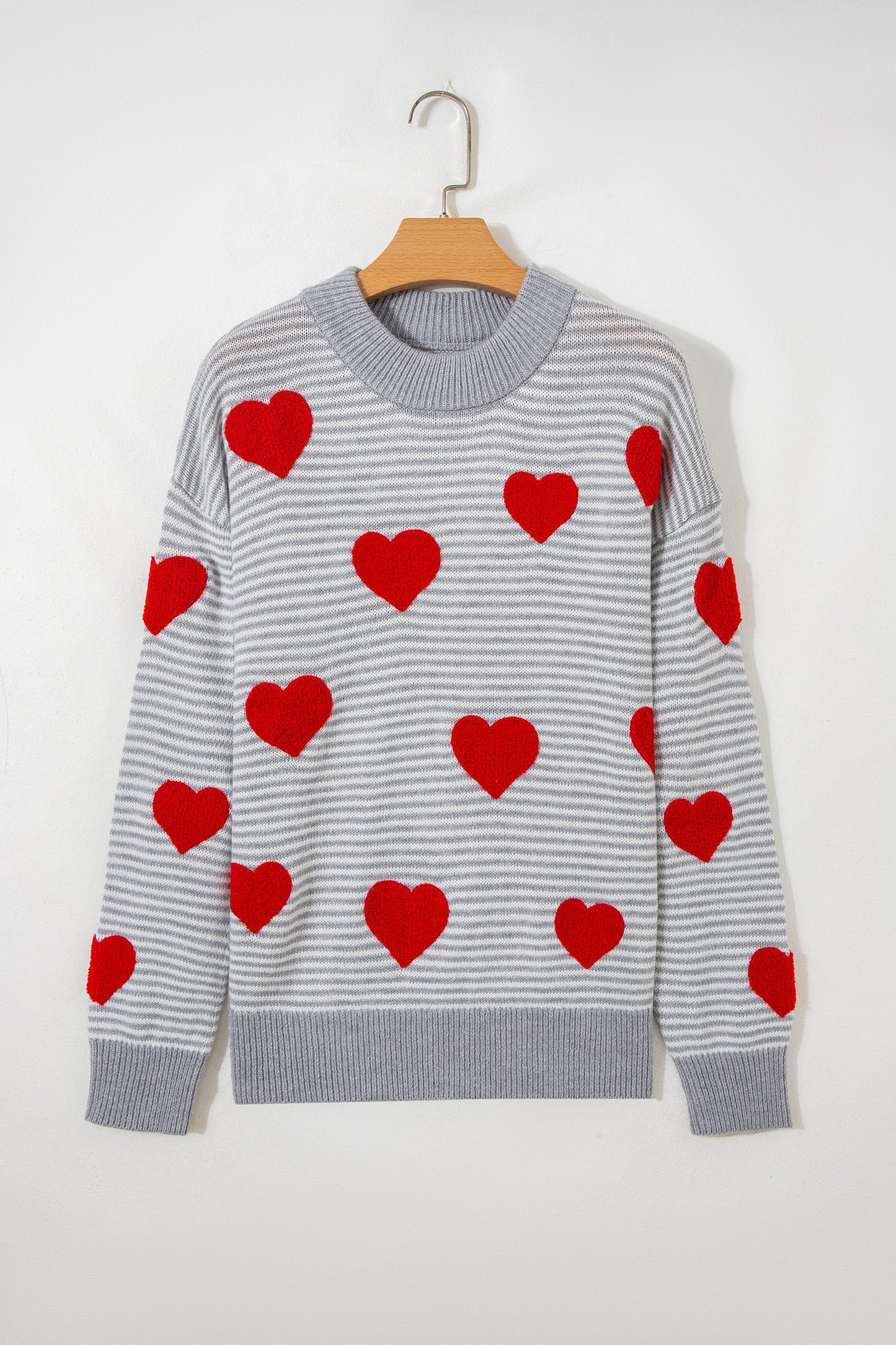 Gray Stripe Contrast Heart Pattern Knit Sweater